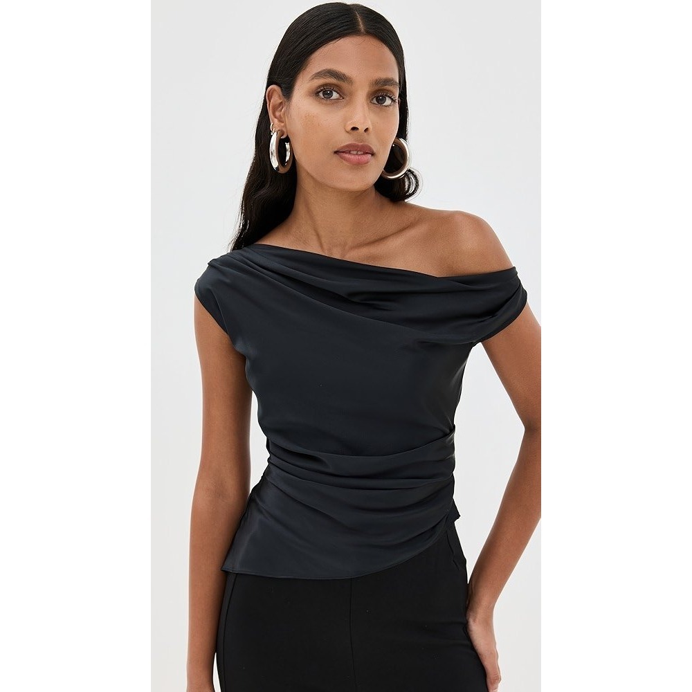 STAUD Black Off-Shoulder Draped Satin Top